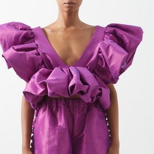 Kika Vargas Nia Plunge-Front Ruffled Silk-Blend Taffeta Top